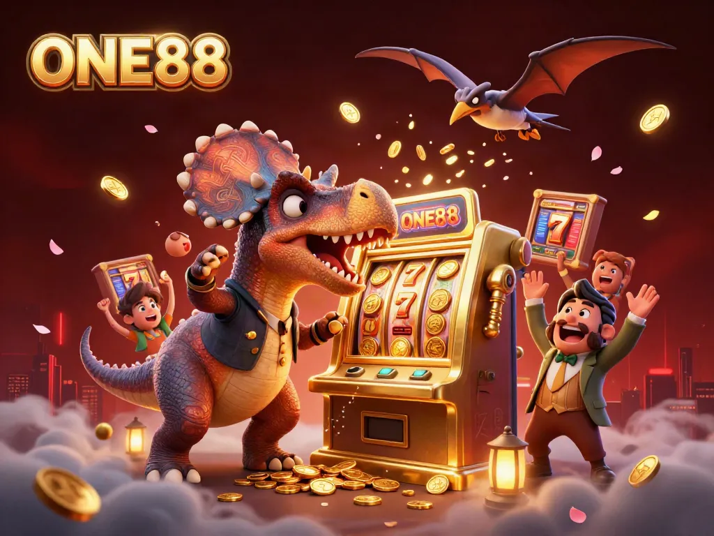 ONE88 slot machine scene with dinosaurs creating jackpots and bustling casino atmosphere