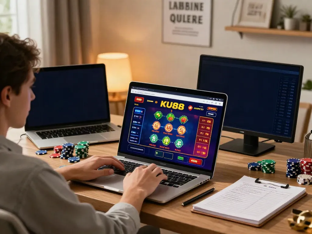 Engaged user exploring KU88 online casino platform with vibrant graphics and betting notes.
