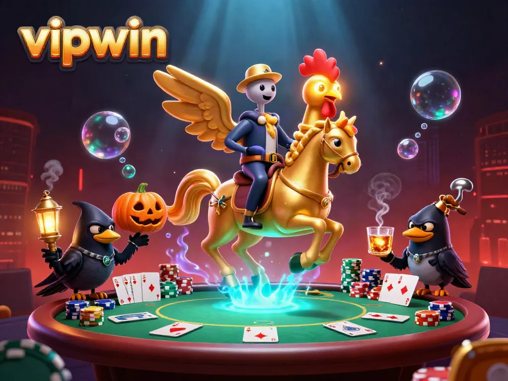Experience the thrill of vipwin as the golden rooster rides through a vibrant casino scene surrounded by poker elements.