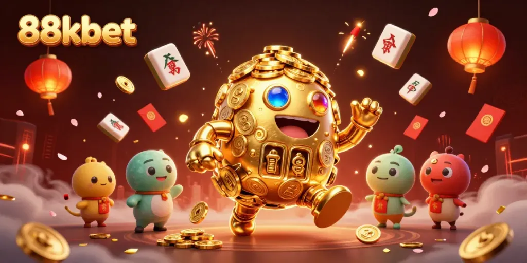 Experience the thrill of winning with 88kbet's golden golem amidst vibrant casino elements.