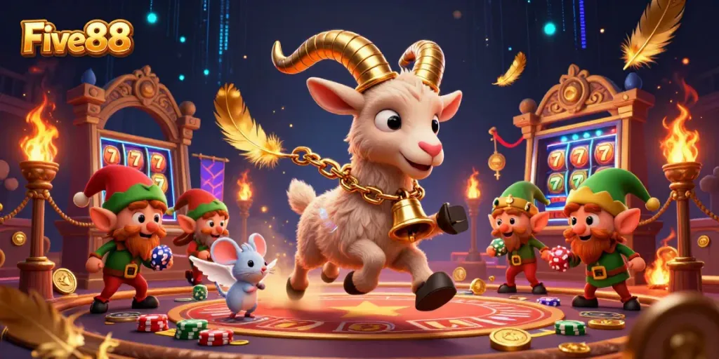 Five88 hosts an animated casino scene with Krampus goat, angel mouse, and gremlins engaging in poker.
