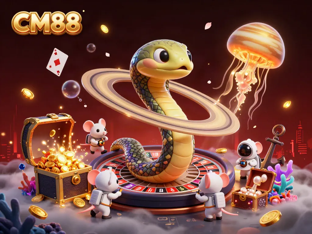 Experience the thrill of CM88 as astronaut mice engage in cosmic gambling with vibrant casino elements.