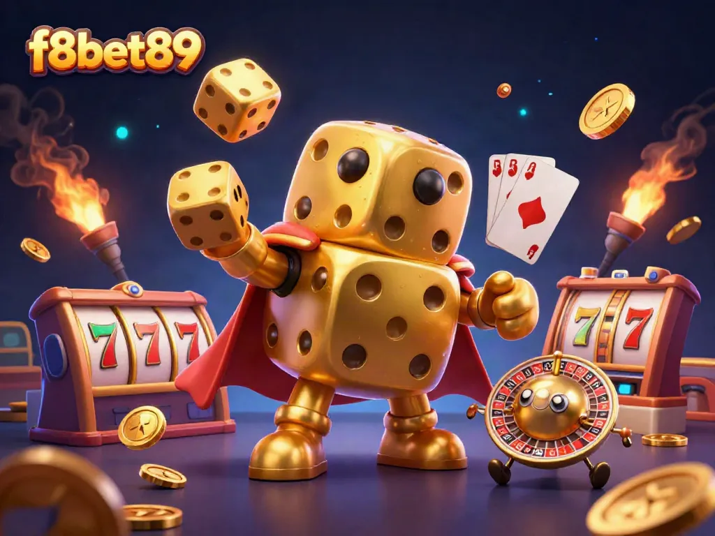 Engage with f8bet89 through an epic 3D gambling illustration showcasing golden dice, slot reels, and vibrant casino elements.