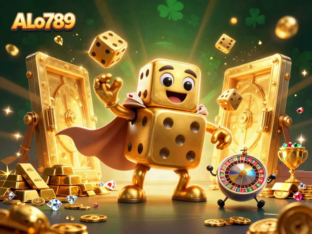 Join the excitement at ALo789 where golden dice and treasures celebrate winning at the casino!