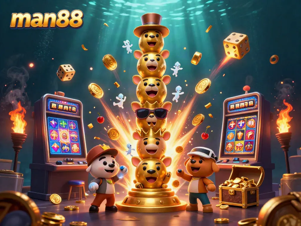 Experience man88's rich casino world with vibrant cartoon characters and jackpot excitement.