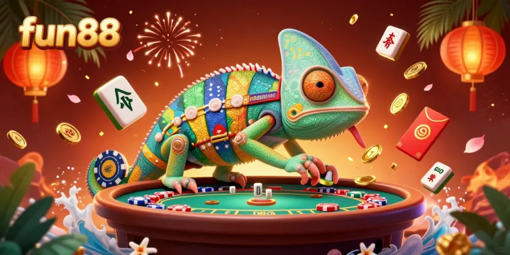 Experience the vibrant fun88 casino atmosphere with a chameleon owner and festive game elements.