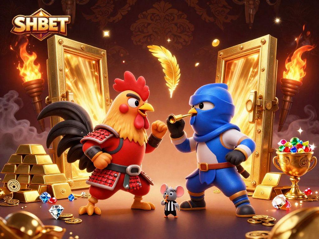 A vibrant scene showcasing SHBET's dynamic gambling action with twin roosters in combat, elegant treasures, and casino flair.