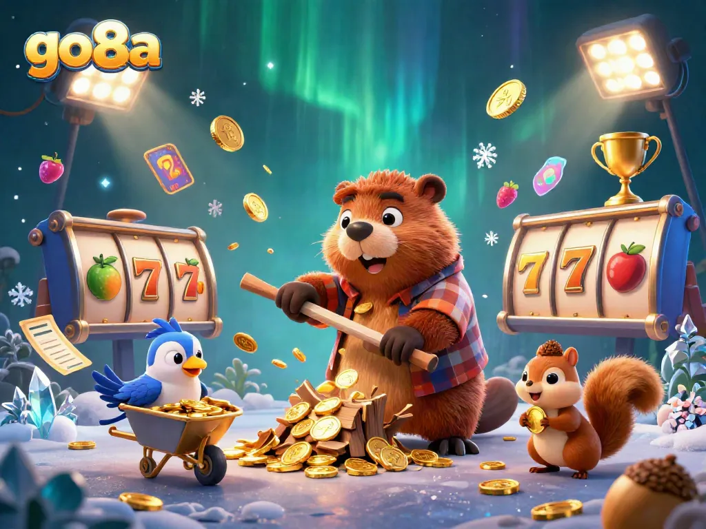 Engage with go8a’s vibrant casino world where a beaver and friends delight in golden coin showers.