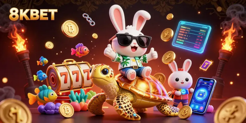 Engage with 8KBET's vibrant gaming world featuring slot machines, cryptocurrency, and a playful scene of a lucky rabbit.