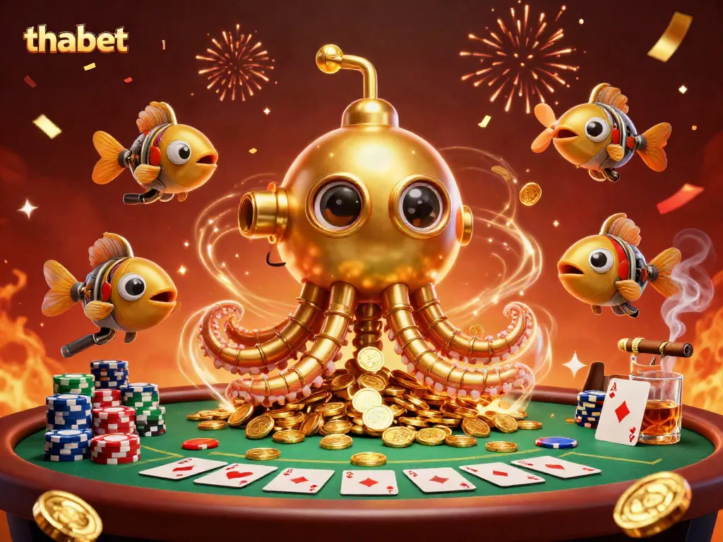 Experience the thrill at thabet with a golden kraken submarine and poker game setup
