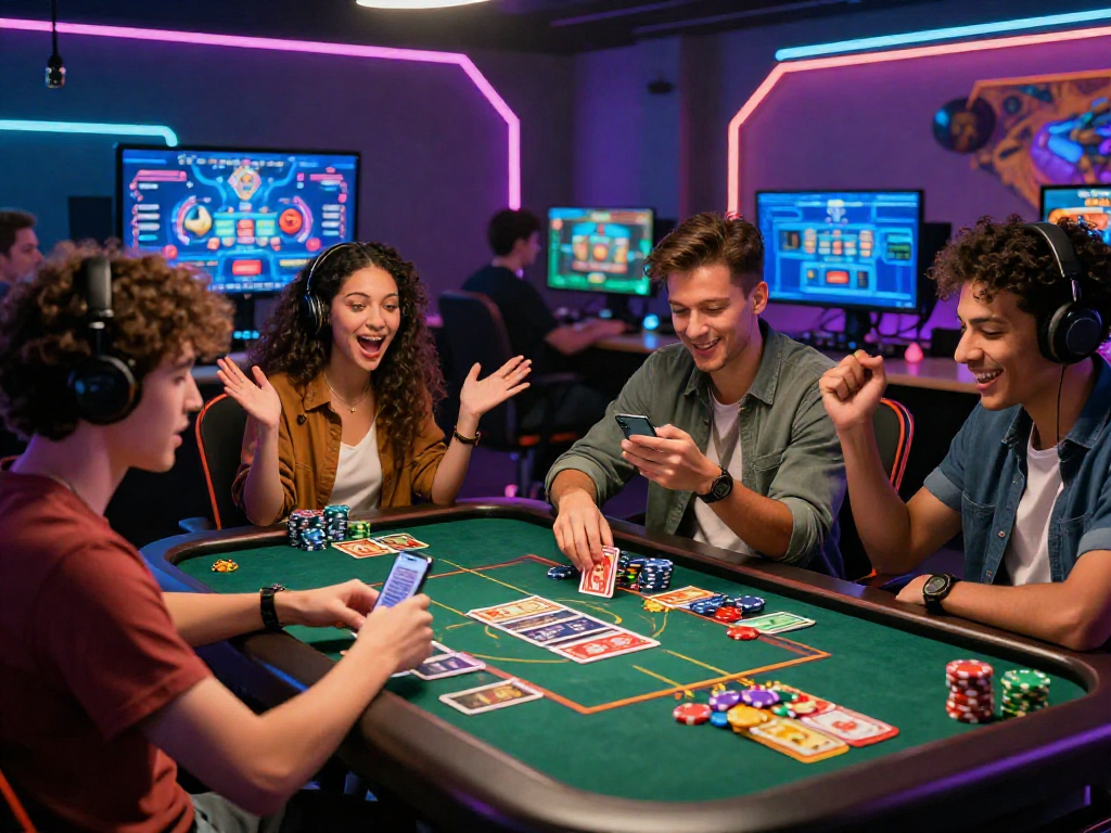 I migliori casino online: amici che si divertono giocando a un tavolo digitale con carte e colori vivaci.