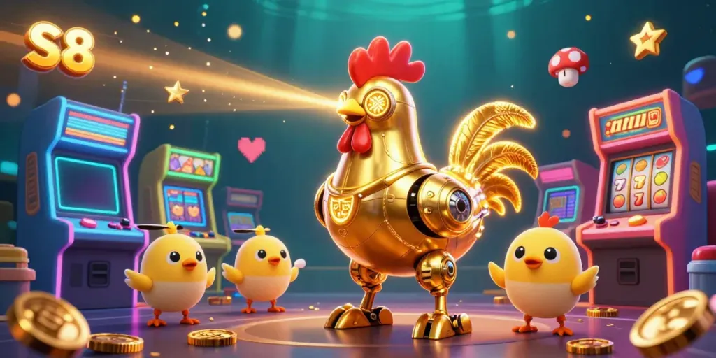 S8 casino gaming scene featuring a golden rooster robot amidst colorful slot machines and jackpot counters