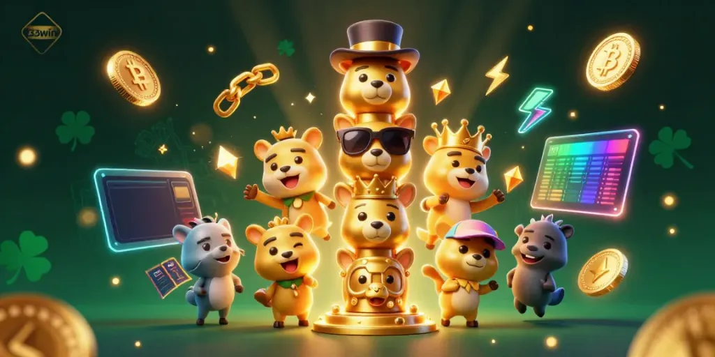 Experience the excitement of 33win with this vibrant 3D casino illustration featuring a totem pole and cryptocurrency elements.