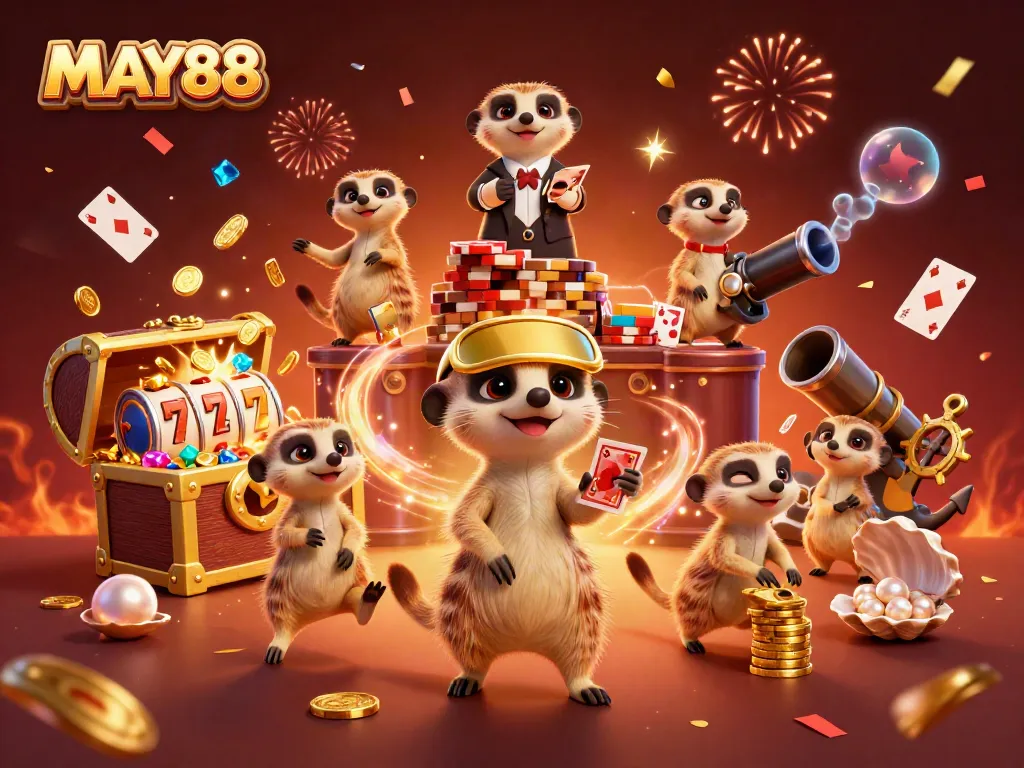 MAY88 casino scene with meerkats managing games and jackpot reels amid vibrant celebrations.