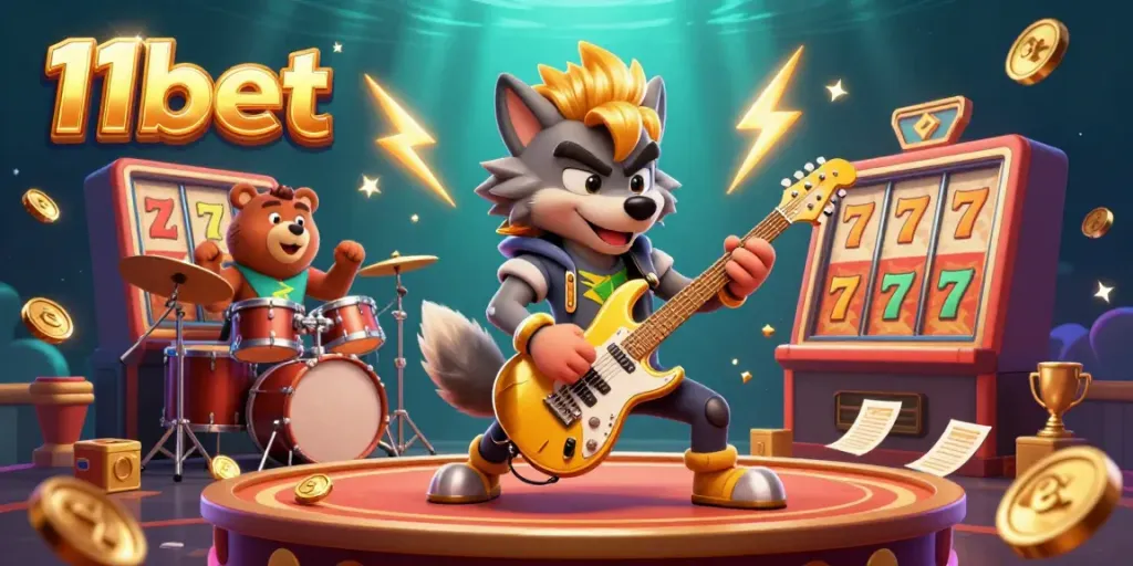 Experience 11bet's thrilling gaming atmosphere with a cartoon rock star and vibrant slot elements.