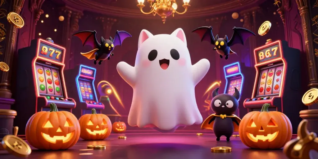 Win big with 32win in a vibrant haunted casino, featuring a ghost cat, vampire bat, and dazzling slots.