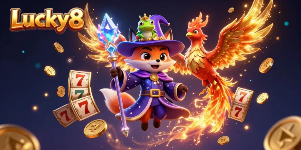 Experience the magic of Lucky8 with a whimsical wizard fox, phoenix, and enchanted elements in a vibrant casino setting.
