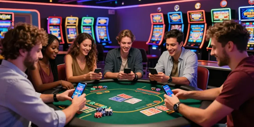 Friends enjoying 3 patti no1 mobile game amid casino excitement.