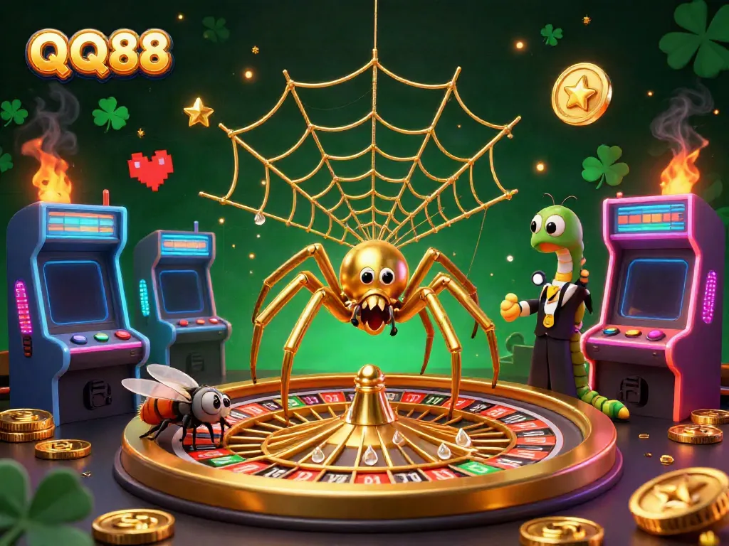 Bet on QQ88 with a golden spider and centipede croupier in a vibrant casino setting featuring arcade games.