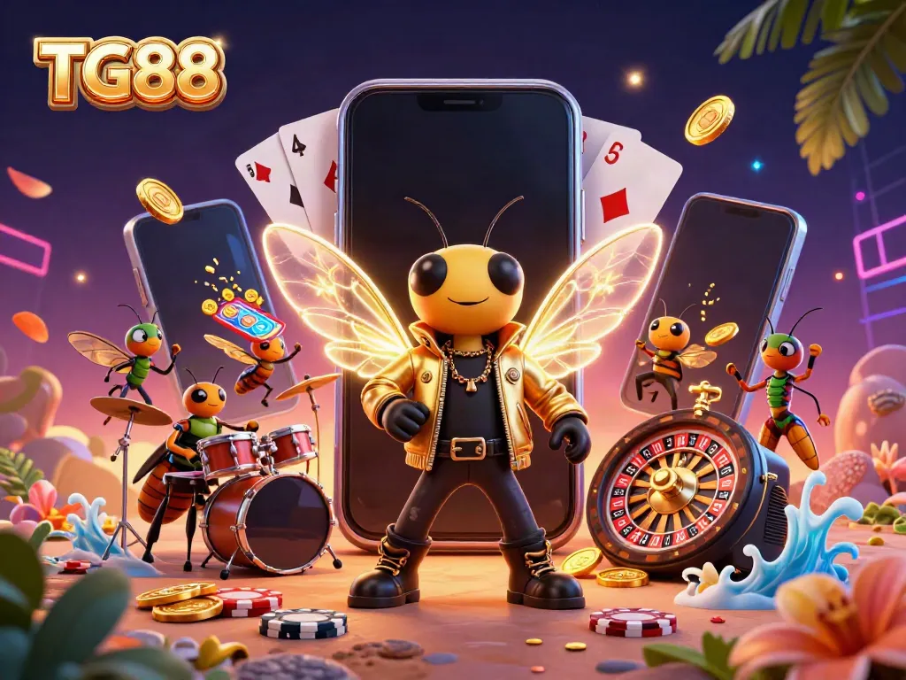 Spin through the vibrant TG88 scene with a cartoon cicada rock star amidst lively gaming elements.