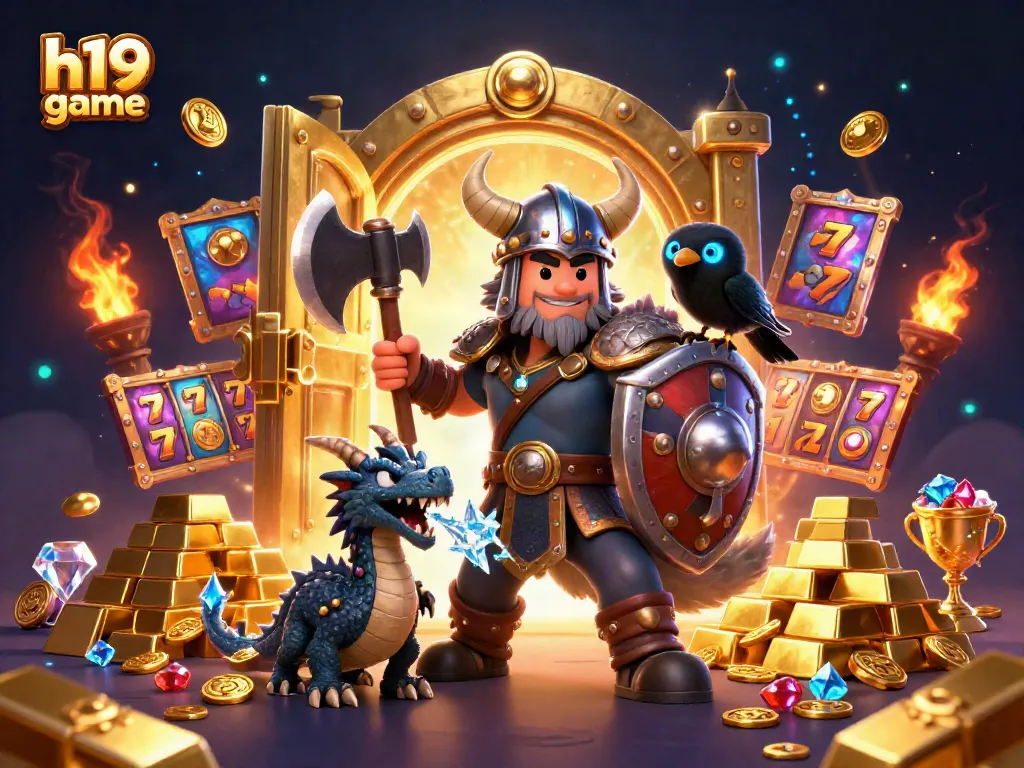 Engage in the h19 game with vibrant 3D elements showcasing a Viking warrior and treasures.