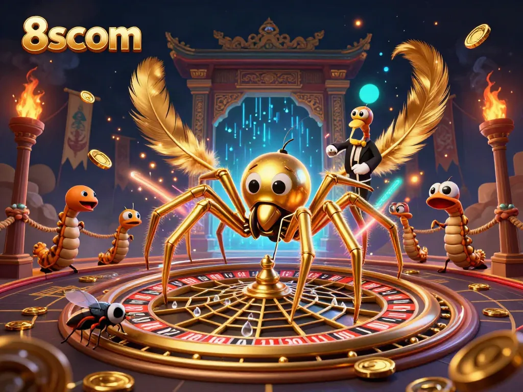 Engage with the thrilling atmosphere of 8scom's gambling world, featuring a golden spider and centipede croupier.