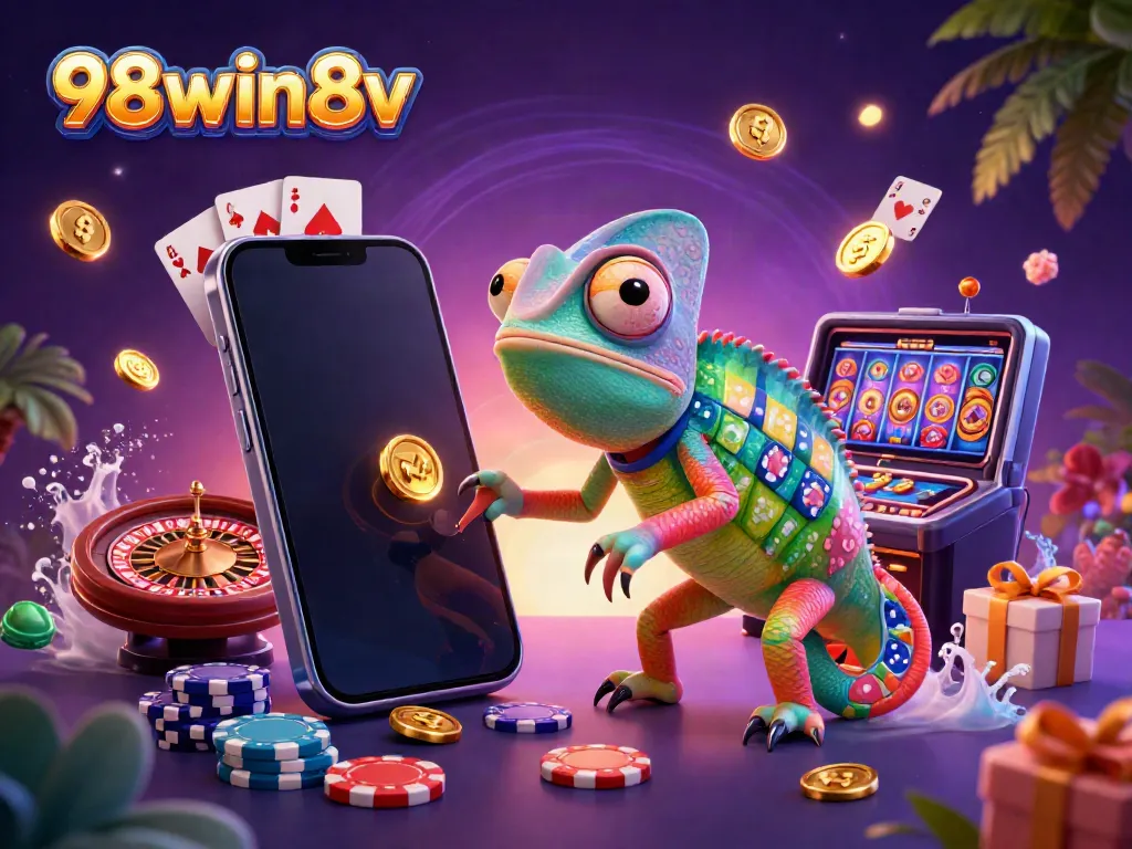 Win big with thrilling games at 98win8v, featuring a vibrant casino illustration of exciting slots and poker.