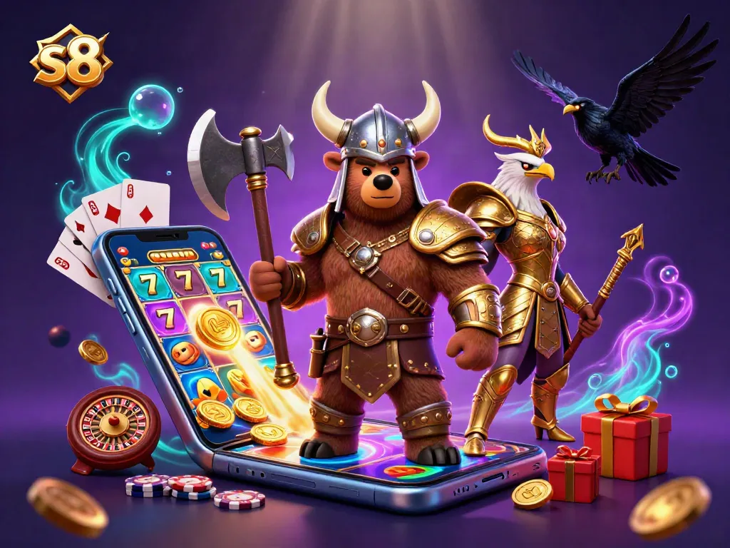 Engage with s8's adventurous slots featuring a Viking bear and Valkyrie eagle in a vibrant casino realm.