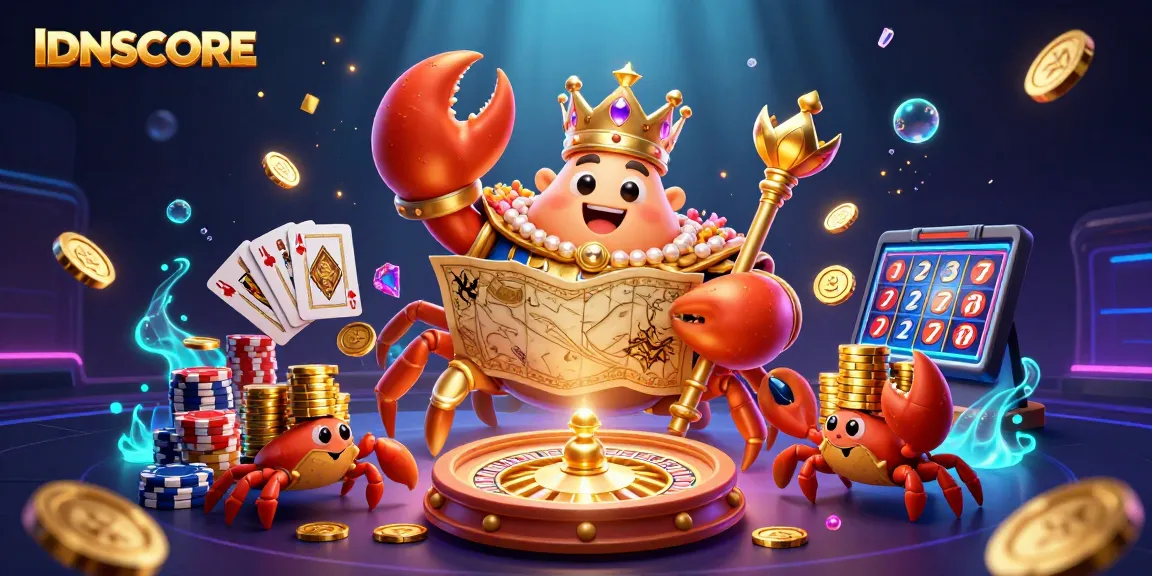 IDNSCORE gaming illustration featuring a golden crab emperor amidst vibrant casino elements.