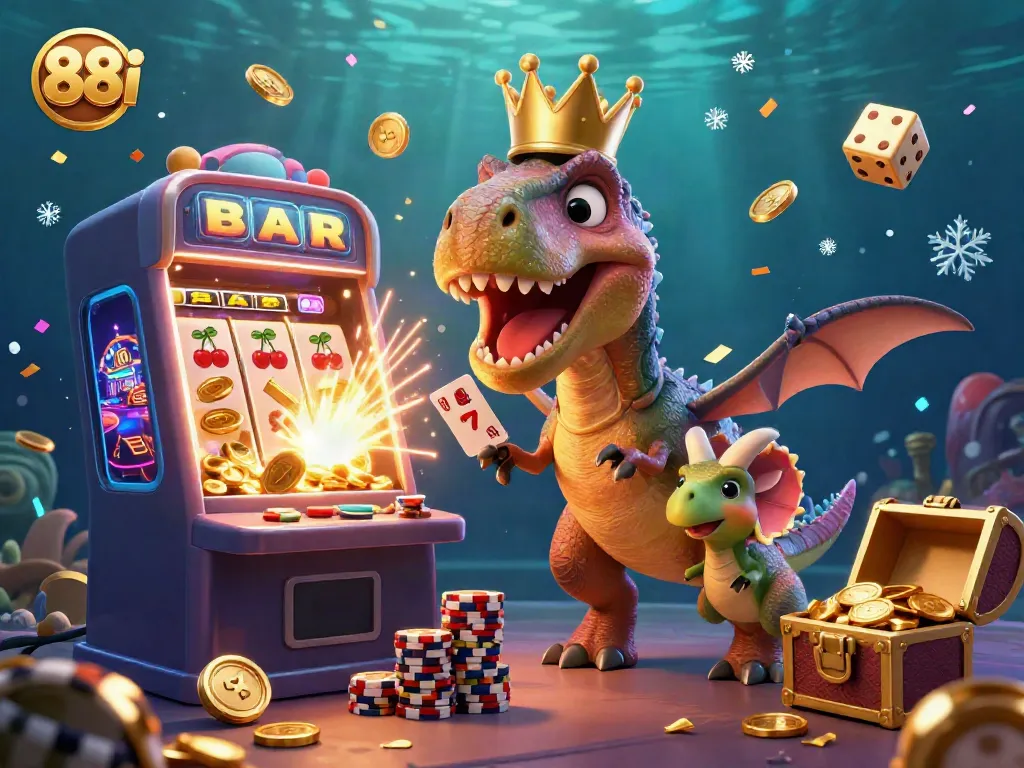 Engage with 88i's playful casino scene featuring a T-Rex shuffling cards, flanked by a pterodactyl and a triceratops, amidst an explosion of gold coins and vibrant game elements.