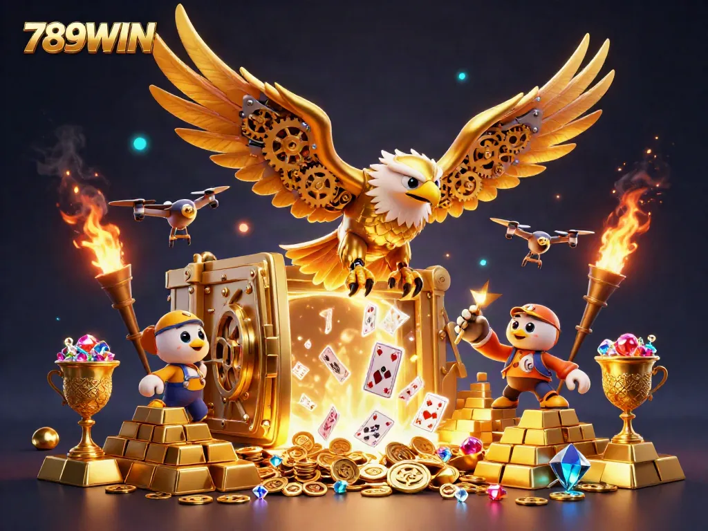 Experience thrilling adventures with 789WIN as the golden eagle dives through vibrant cards surrounded by treasures and excitement.