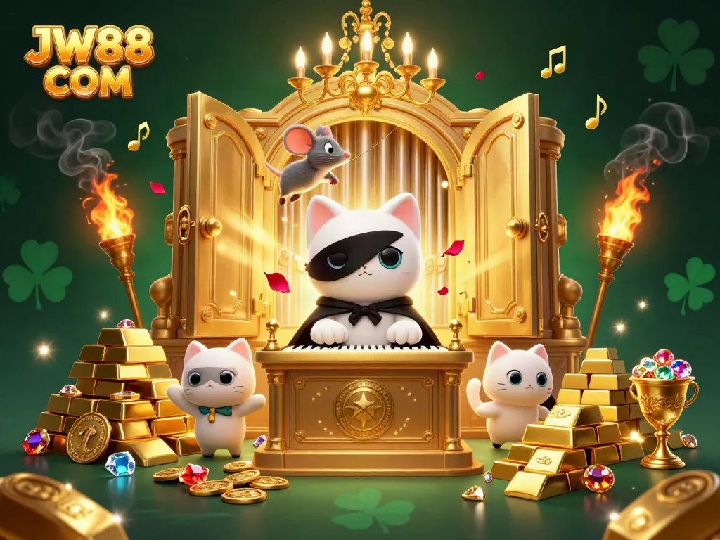 Experience thrilling gameplay at JW88 COM with an enchanting casino scene featuring a charismatic phantom cat.