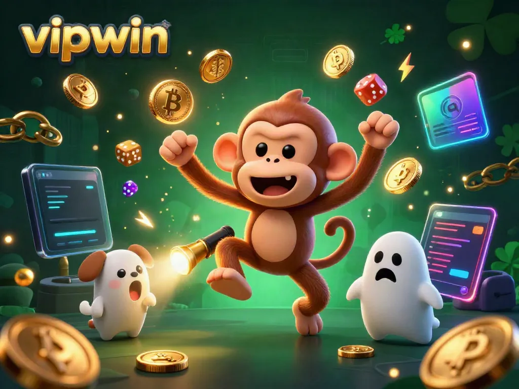 Engage with vipwin’s magical casino scene featuring a playful monkey and adventurous puppy amid thrilling action.