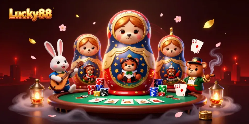 Engage with the vibrant Lucky88 casino scene showcasing dynamic gaming elements and lively characters.
