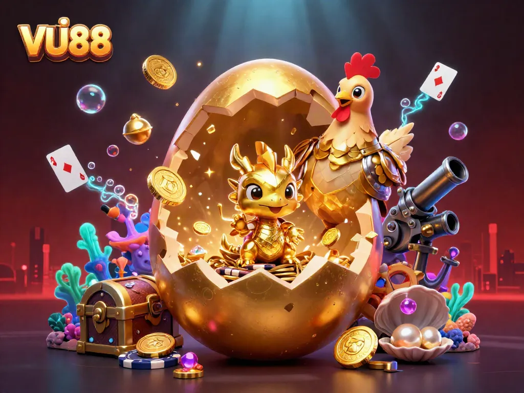 Experience VU88's dynamic casino adventure with a golden dragon and poker chips.