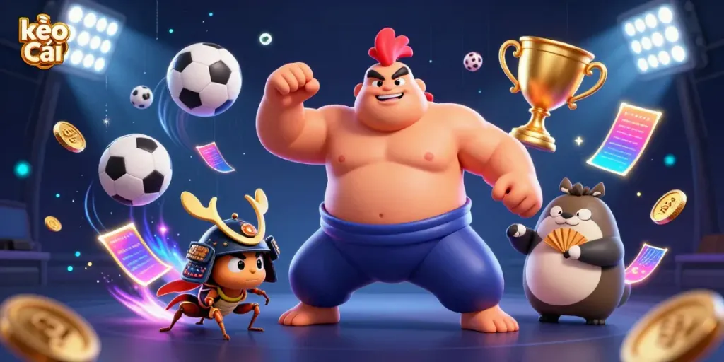 Engaging kèo nhà cái scene with a sumo wrestler rooster, fighting cricket, and a tanuki announcer surrounded by sports elements.