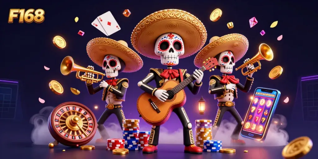 Experience the excitement of F168 with a vibrant mariachi band amidst dazzling casino elements.