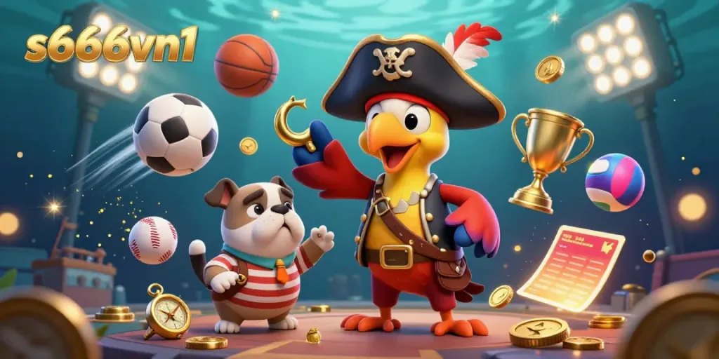 Shoot for wins with s666vn1, featuring animated pirate characters and dynamic casino elements.