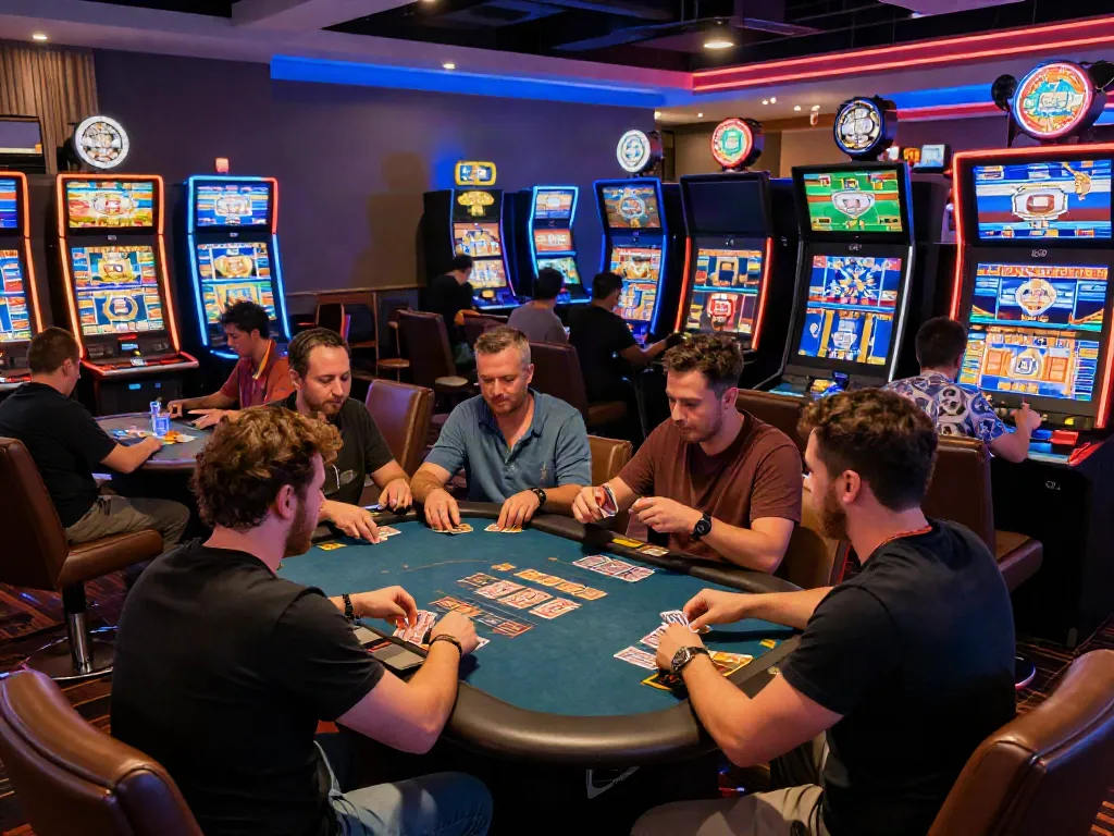 Dynamic gaming scene at https://manclub1.jp.net/ with men enjoying various games and vibrant atmosphere.