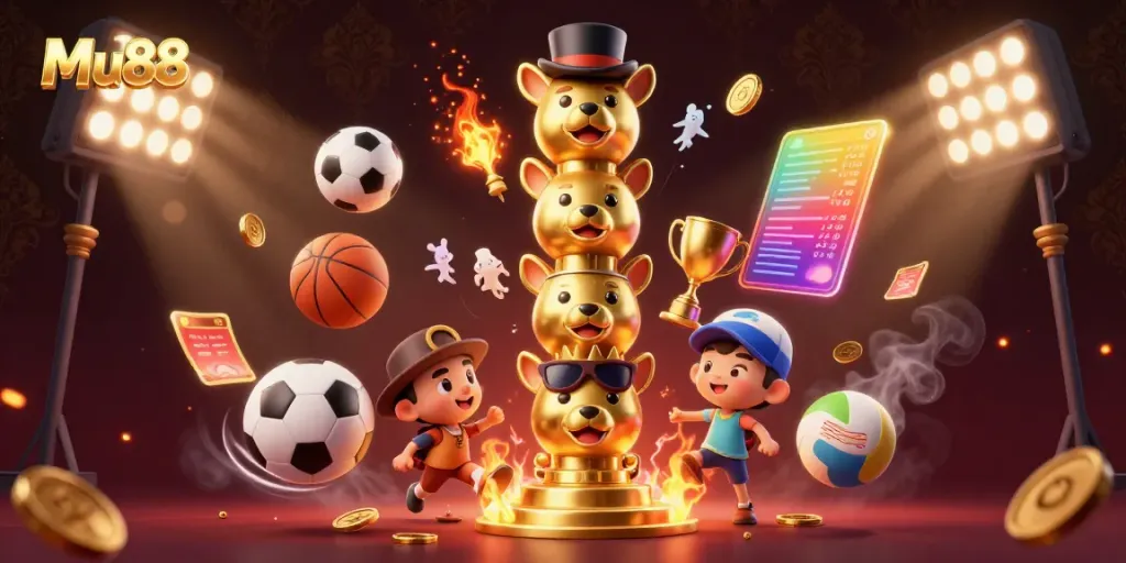 Join the Mu88 gaming excitement with a vibrant, dynamic casino scene featuring animated totem and sports elements.