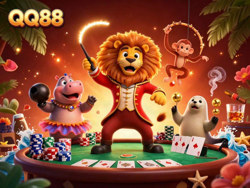 Experience thrilling gameplay with QQ88 at a lively poker night scene with characters and casino elements.