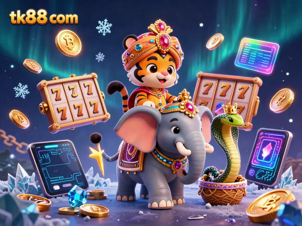 Experience thrilling gaming action at tk88 com with colorful slot reels, lucky 7s, and Bitcoin coins.