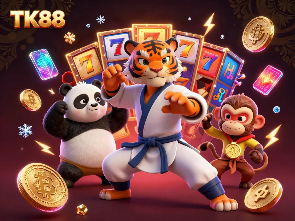 Engage with TK88's thrilling slot games and vibrant 3D animation featuring a kung fu tiger mastering the crane stance.