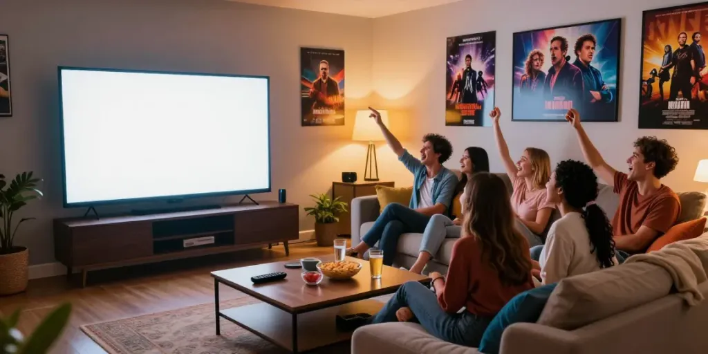 Cocoflix.co movie night scene with friends enjoying films and snacks in cozy living room.