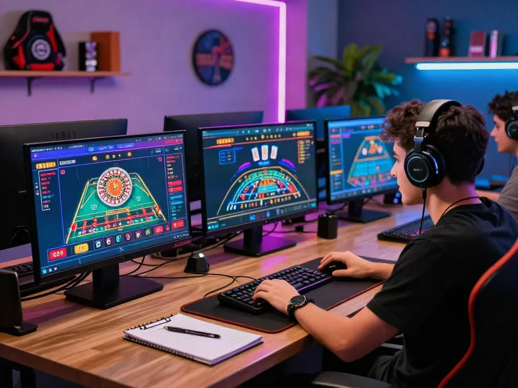 Dynamic gaming setup with player engaged in net88 casino games.