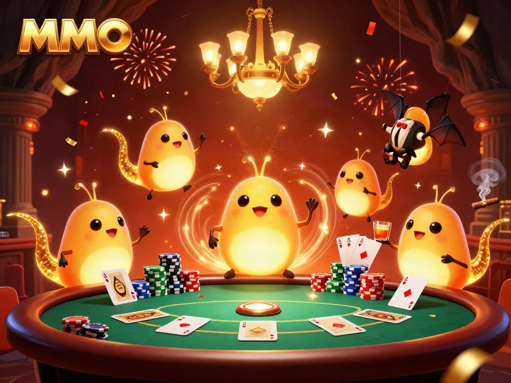 Engage in thrilling MMOO casino games under the glow of bioluminescent glowworms in a magical poker scene.