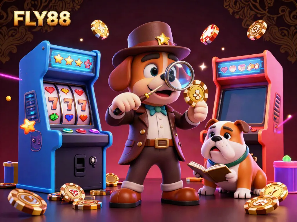 Engage with FLY88's vibrant casino experience featuring a detective and bulldog amidst dynamic game elements.