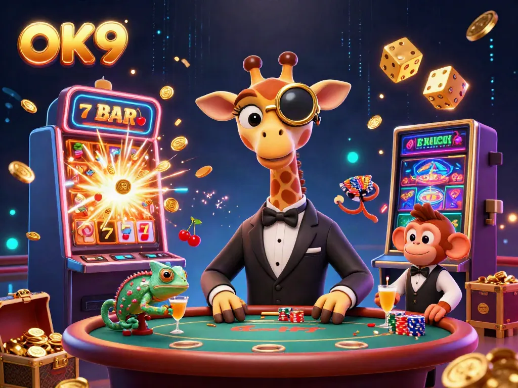 Engage in thrilling gaming at OK9 with a vibrant illustration featuring a giraffe in a suit on a VIP poker table.