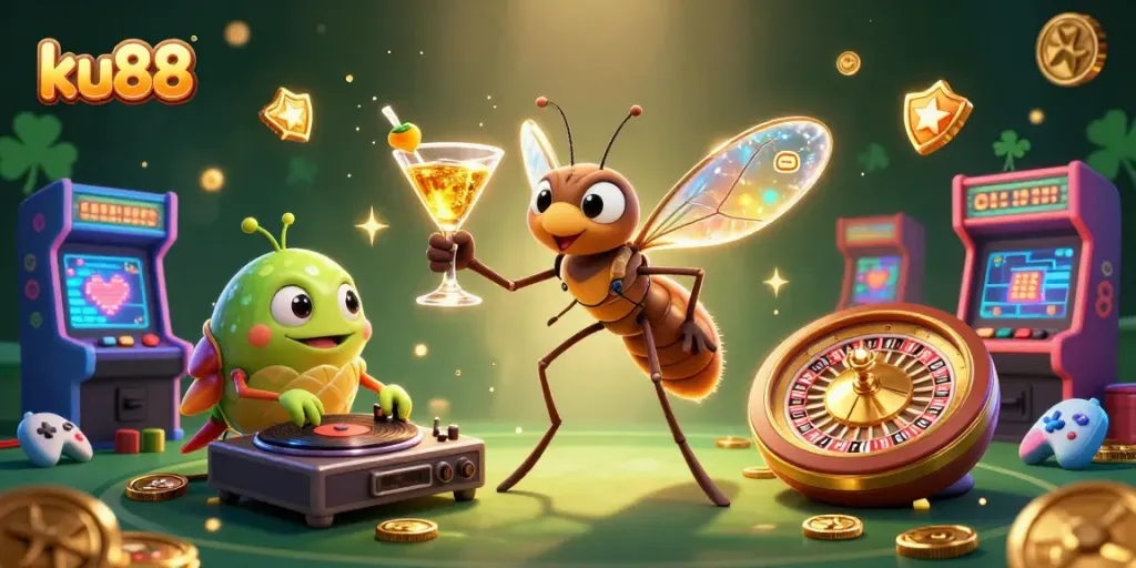 Engage with ku88 at the casino, where a vibrant scene showcases a mosquito mascot and a trilobite DJ.