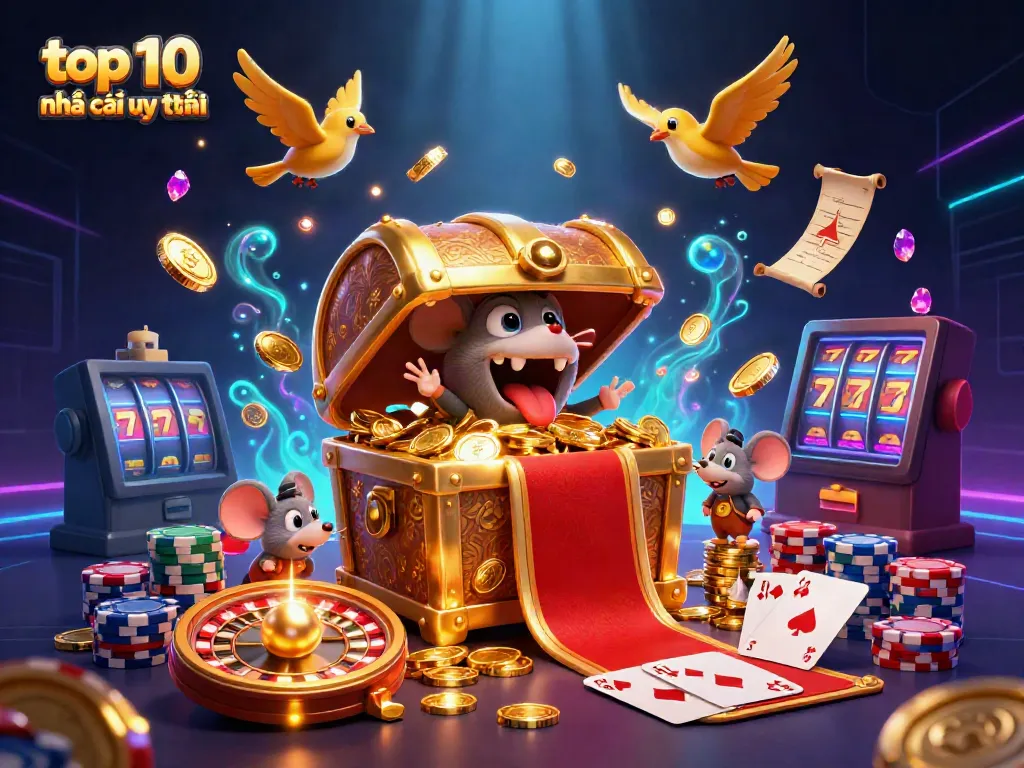 Engage in thrilling adventures with the top 10 nhà cái uy tín showcased in an exciting casino scene filled with gold and gems.